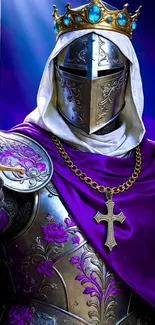 A regal knight in ornate armor with a crown, sword, and purple cloak.