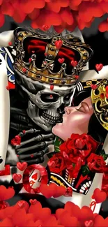 Romantic skull and queen wallpaper with crowns and red hearts.