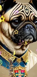 Regal pug in ornate attire with whimsical symbols on a mobile wallpaper.