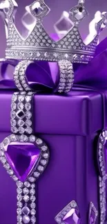 Purple gift box with silver crown and jewels.