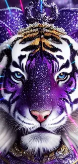 Majestic purple tiger with royal ornate design on a mobile wallpaper.