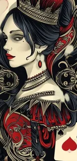 Illustrated Queen of Hearts with playing card details, intricate and colorful.