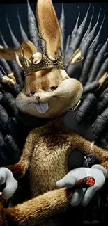 Animated rabbit king on throne, holding a cigar with dark and golden shades.