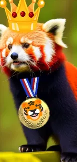 A crowned red panda with a medal in a lush green setting.