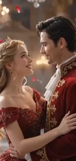 Romantic royal couple in elegant attire embracing.