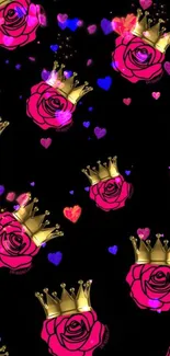 Royal phone wallpaper with pink roses and gold crowns on black.