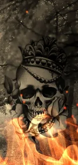 Skull with crown and flames in dark forest wallpaper.