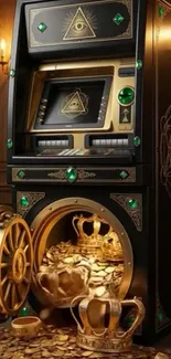 Golden coins and crowns in a vault.