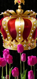 Mobile wallpaper of a royal crown with pink tulips on a dark background.