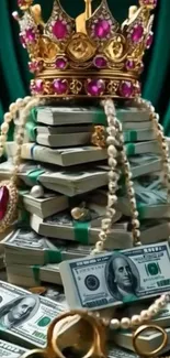 Stack of cash with crown and jewels wallpaper