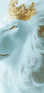 White lion with a gold crown on a light blue background.