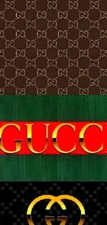 Gucci-themed mobile wallpaper with luxury patterns in brown, green, and red colors.