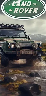 Land Rover vehicle crossing rugged terrain in adventurous landscape.