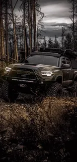 Rugged off-road vehicle in dark forest setting, capturing adventure and wilderness.