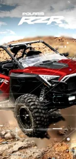 Polaris RZR off-road vehicle on rocky terrain in scenic landscape wallpaper.