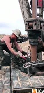 Two rugged workers operate an oil rig, emphasizing teamwork and industrial skill.