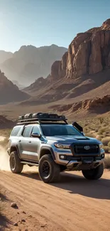 SUV driving through rugged desert terrain with mountain backdrop.