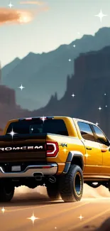 Yellow truck driving through a rugged canyon landscape.