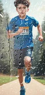 Boy in blue shirt running down a forested path.