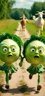 Cabbage characters running on a countryside path with cows behind.