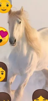 White horse running in snow with various emojis on a phone wallpaper.