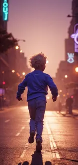 Child running down neon-lit city street at sunset.