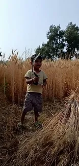 Child smiling in a golden wheat field under a clear sky.