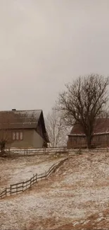 Rustic winter landscape with snowy fields.