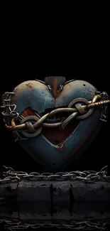 Rusted heart wrapped in chains on a dark background.