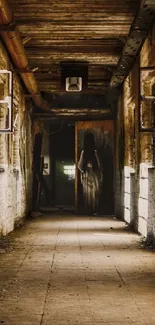 Rustic abandoned hallway with open windows casting shadows.