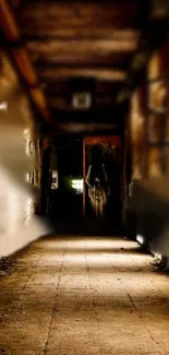 Rustic abandoned corridor with moody lighting.