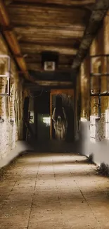 Rustic abandoned corridor with mysterious shadow figure.