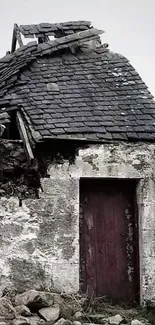 Abandoned rustic cottage in misty setting.