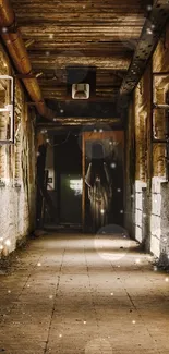 Rustic abandoned hallway with sunlight filtering through windows.