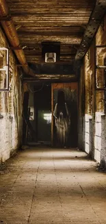 Rustic abandoned hallway with vintage textures and warm lighting.