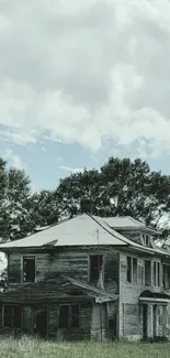 Abandoned rustic house with cloudy sky and greenery.