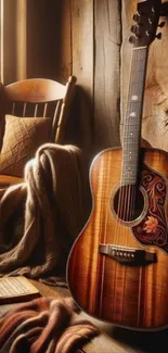 Cozy rustic scene with acoustic guitar and wooden decor.