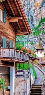 Rustic alpine cottage with mountain view and lush greenery.