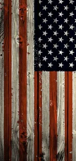 Rustic American flag wallpaper with wood texture.