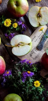 Rustic wallpaper with apples and flowers on a wooden table.