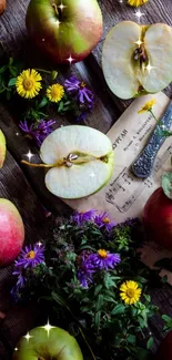 Rustic wallpaper with apples and flowers on wood.