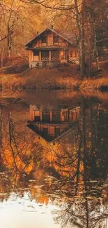 Rustic cabin by a lake with autumn reflection.