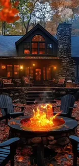 Rustic cabin with fire pit surrounded by autumn leaves.