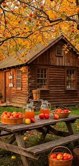 Rustic cabin in autumn with apples and vibrant leaves.