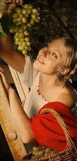 Woman on ladder with basket harvesting grapes in rustic setting.