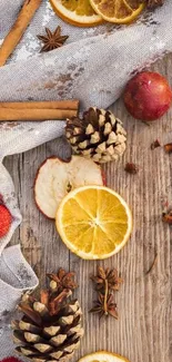 Rustic autumn wallpaper with dried fruits and pinecones on wood.