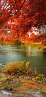 Vibrant autumn river scene with red foliage.