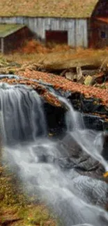 Autumn waterfall with a rustic barn amidst fall foliage, creating a serene mobile wallpaper.