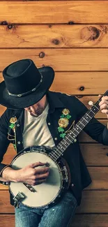 Rustic wallpaper featuring a banjo player in casual wear with wood background.