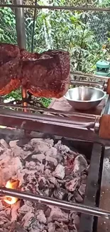 Rustic barbecue scene with sizzling meat on grill.